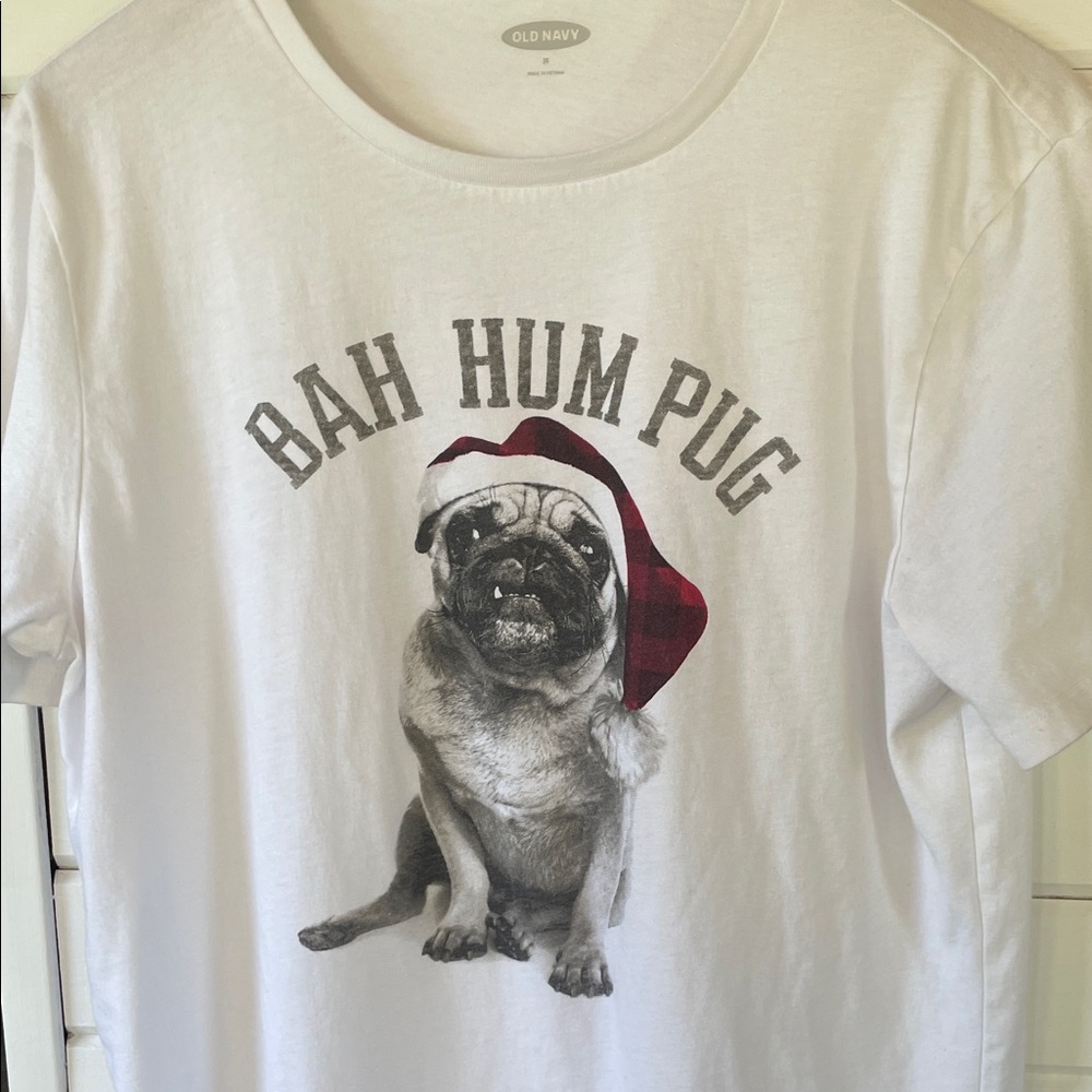 Old Navy White 'Bah Hum Pug' Dog Tee
